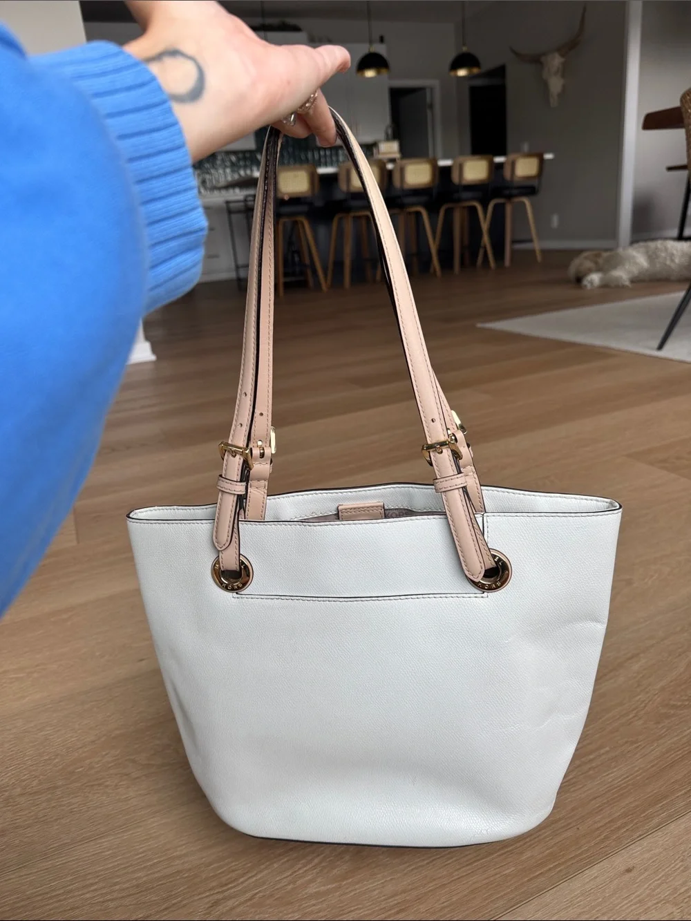 Michael Kors White Pebbled Leather Tote with Nude Pink Straps